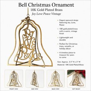 Bell Christmas Ornament 18k Gold Plated Brass Joy Love Peace Vintage